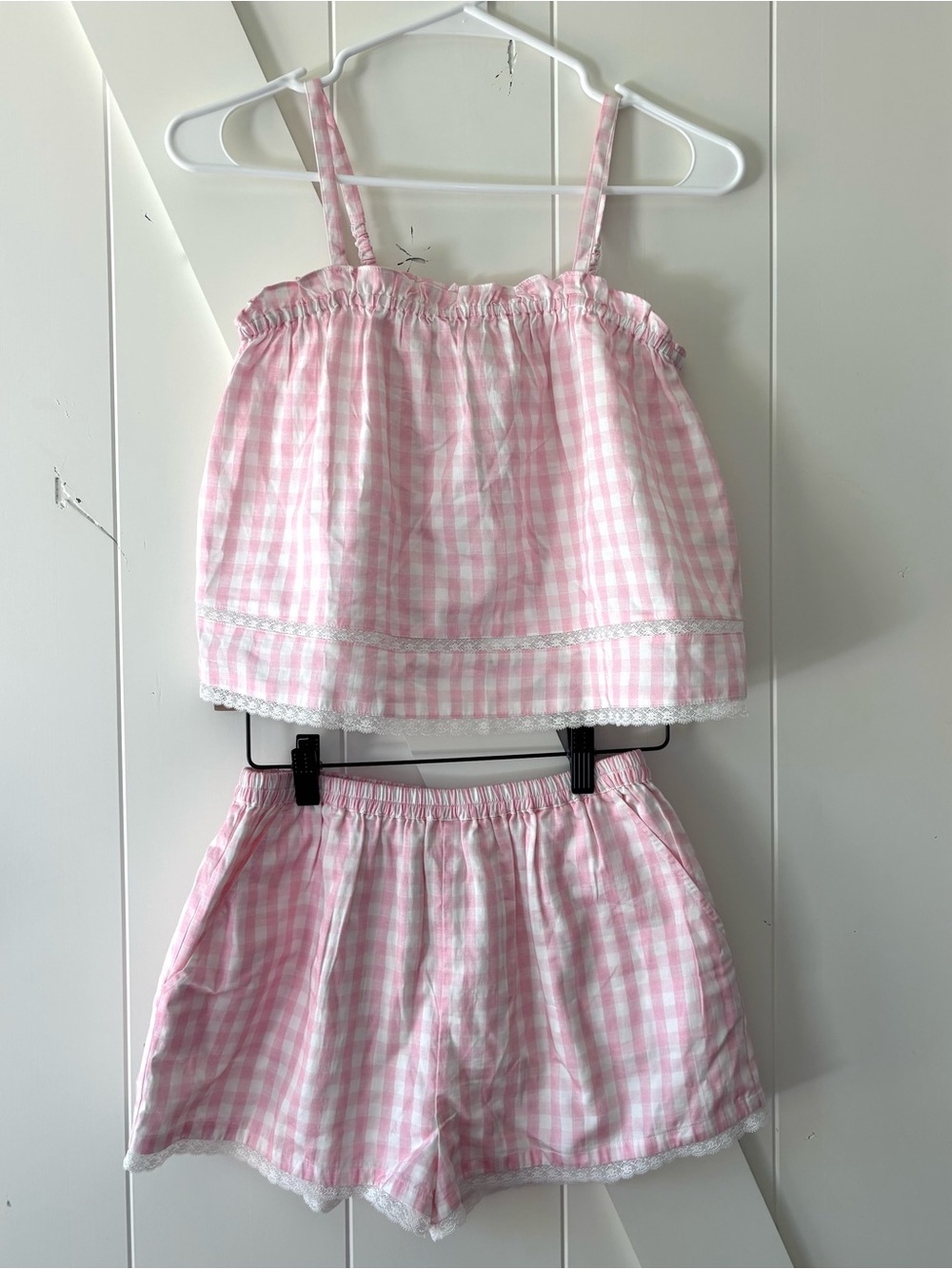 LoveShackFancy Pink and White Gingham Girls Pajama Set, size 14